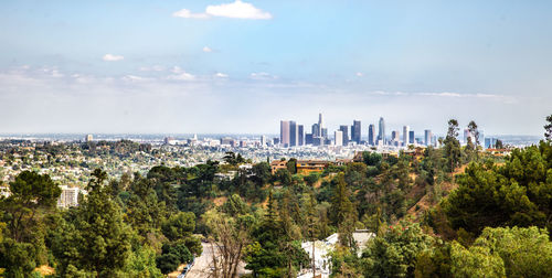 Trees and buildings in city against sky