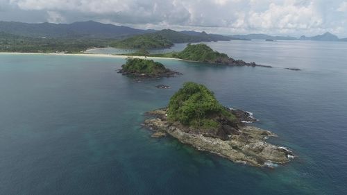 High angle view of bay against sky