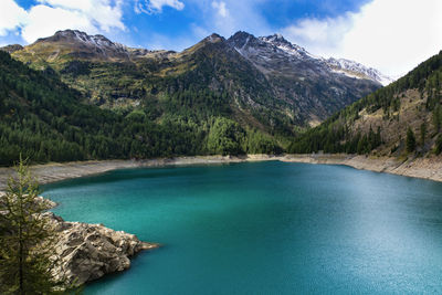 Scenic view of lake and mountains against sky