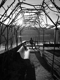 Rear view of silhouette people on bench against sky