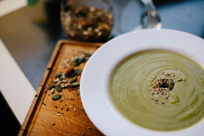 High angle view of soup in bowl on table