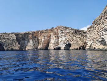 Scenic view of rocks in sea against clear blue sky