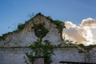 Low angle view of old temple against sky