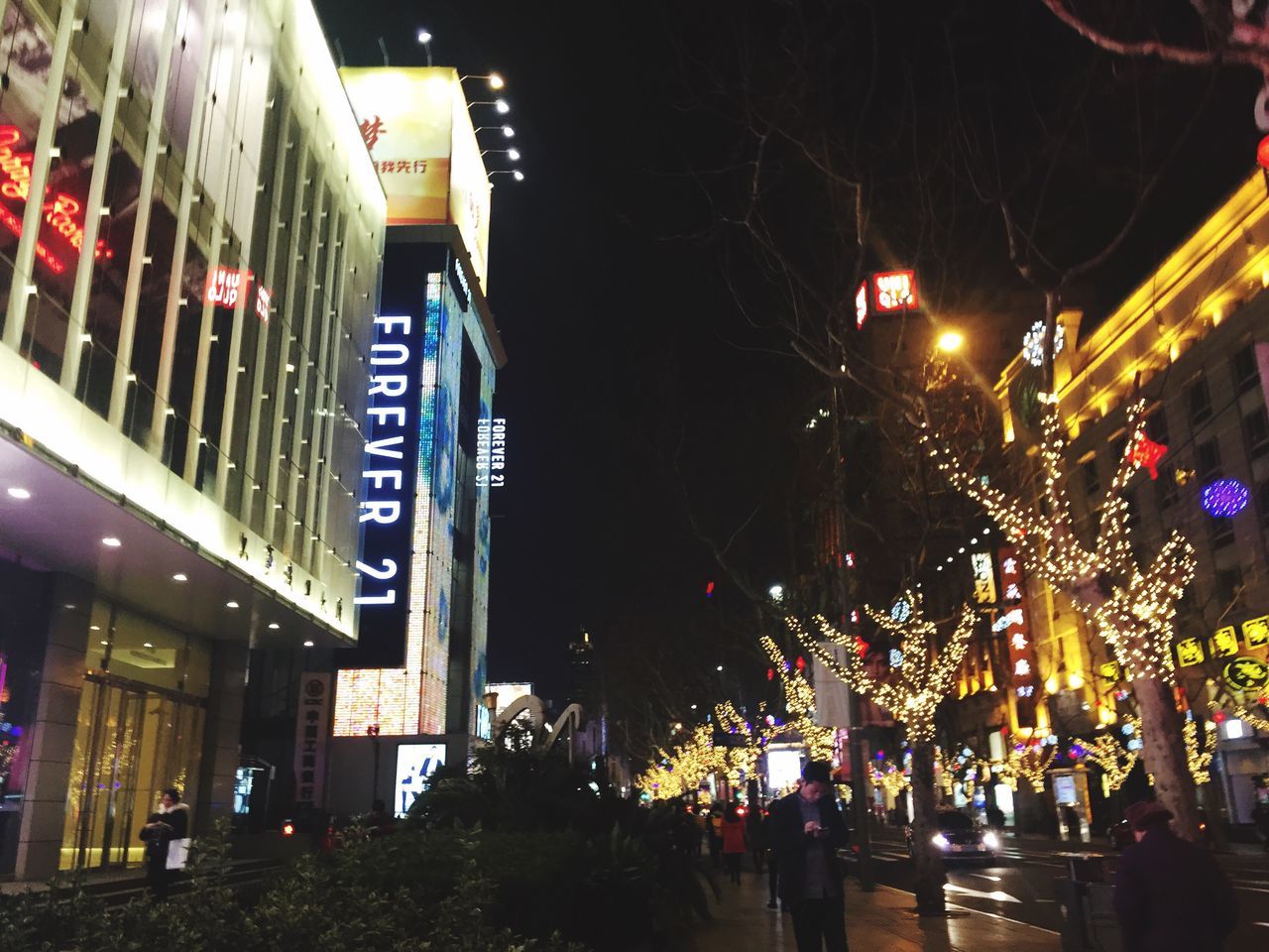 illuminated, night, building exterior, lighting equipment, built structure, architecture, street, city, celebration, lifestyles, men, large group of people, street light, city life, leisure activity, person, outdoors, low angle view, tree