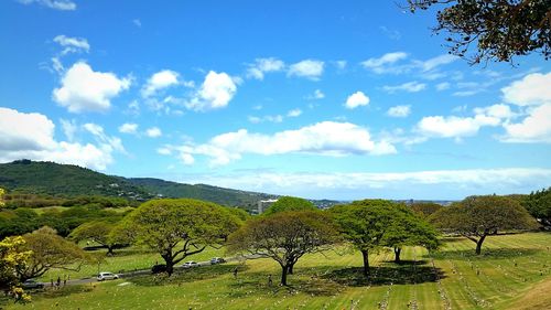 Scenic view of grassy field against cloudy sky