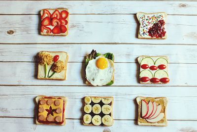 High angle view of food on wooden table