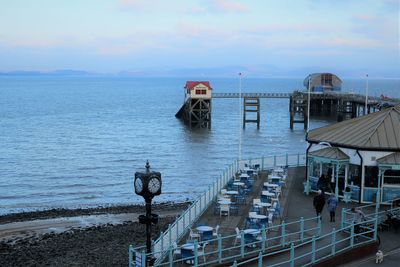 High angle view of sea against early evening sky 