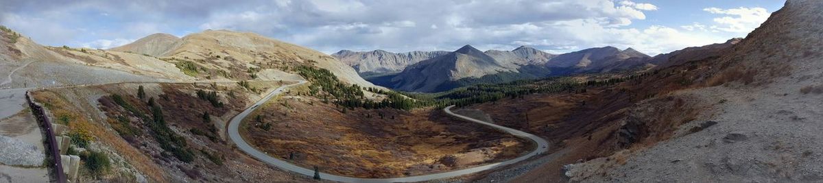 Scenic view of mountains against cloudy sky