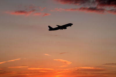 Silhouette bird flying against sky during sunset