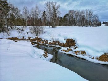 Scenic view of snow covered field against sky