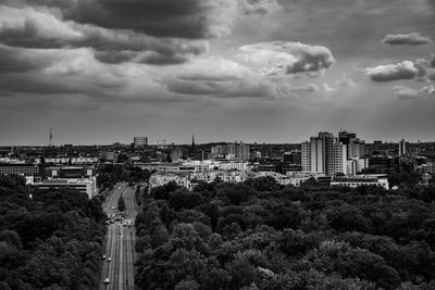 High angle view of buildings against sky
