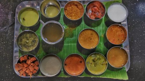 High angle view of various food on table