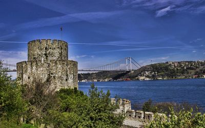 Suspension bridge over river