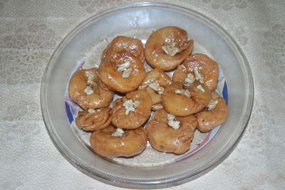 High angle view of food in plate on table