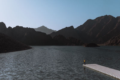 Scenic view of sea by mountains against clear sky