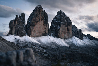 Rocks on snowcapped mountains against sky