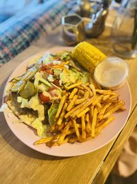 High angle view of food served on table