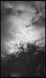 Low angle view of bare trees against cloudy sky