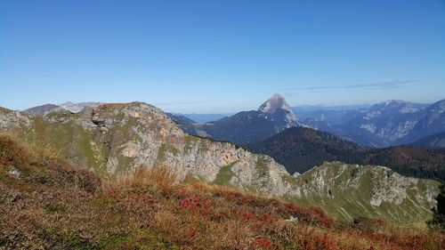 Scenic view of mountains against clear blue sky