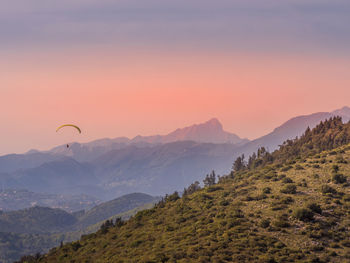 Paragliding with the alpi apuane on the background at sunset