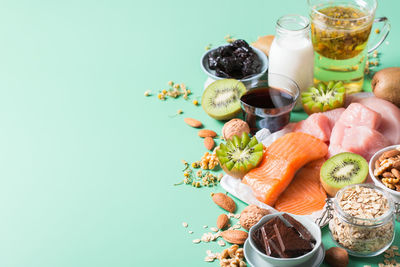 High angle view of fruits in glass on table