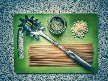 High angle view of food on cutting board