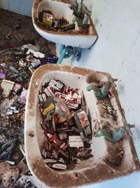 High angle view of garbage in container