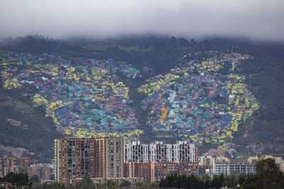 Aerial view of buildings in city against sky