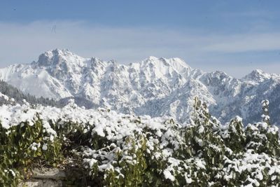 Scenic view of snowcapped mountains against sky