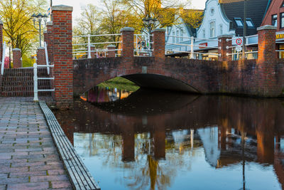 Reflection of trees and buildings in canal