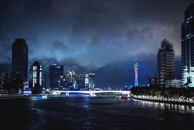 Illuminated city at waterfront against cloudy sky