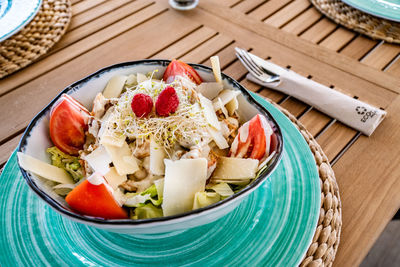 High angle view of food in plate on table