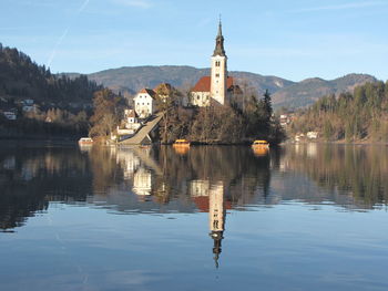 Scenic view of lake by buildings against sky