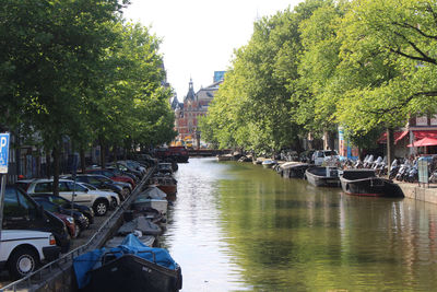 Boats moored in canal amidst trees