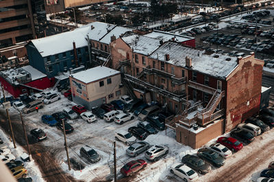 High angle view of buildings in city during winter