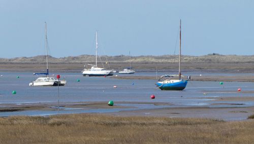 Sailboats moored on sea against clear sky