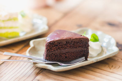 Close-up of cake in plate on table