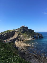 Scenic view of sea against clear blue sky