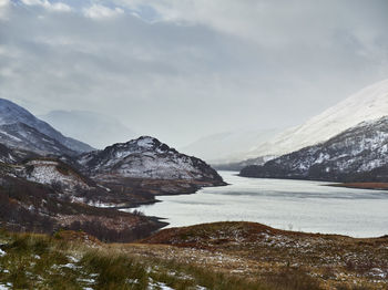 Scenic view of lake and snowcapped mountains against sky