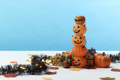View of pumpkins on table