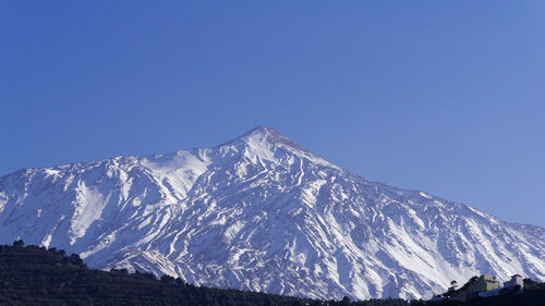 Scenic view of snowcapped mountains against clear blue sky