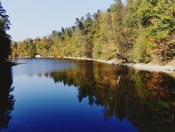 Scenic view of lake in forest against clear sky