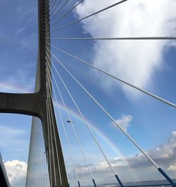 Low angle view of suspension bridge against cloudy sky