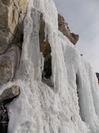 Low angle view of snow covered rock