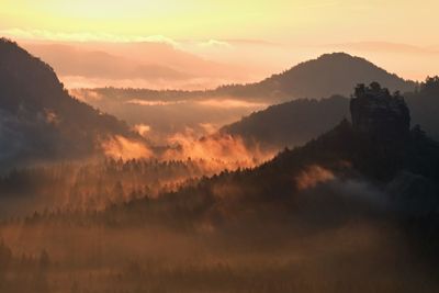 Cold morning at the end of summer. colorful summer morning with golden light and fog between hills