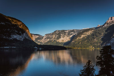 Scenic view of lake and mountains against clear blue sky