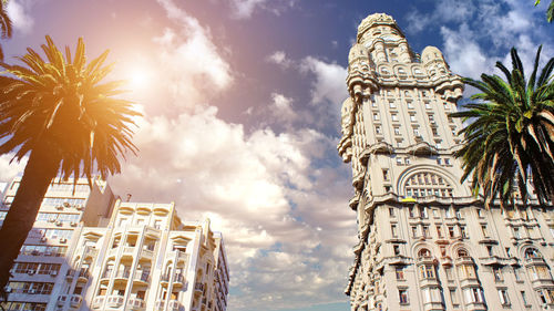 Low angle view of palm trees and buildings against sky