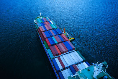 High angle view of cargo container in sea