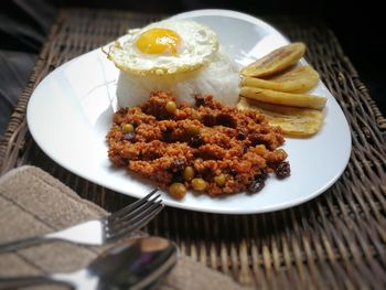 High angle view of food in plate on table