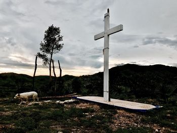 View of cross on field against sky